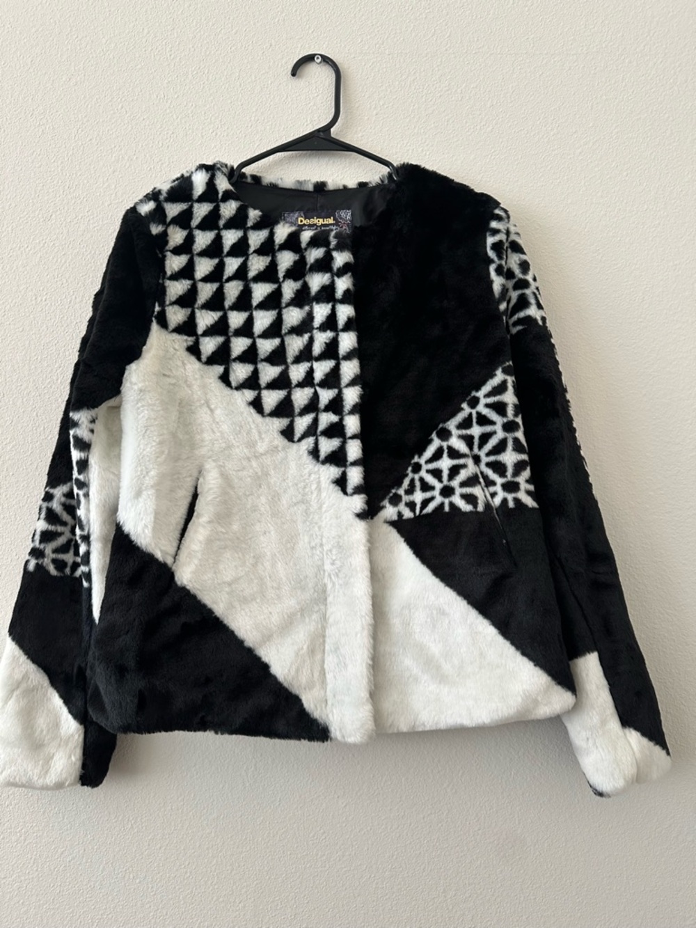 Desigual Black & White Patterned Faux Fur Jacket